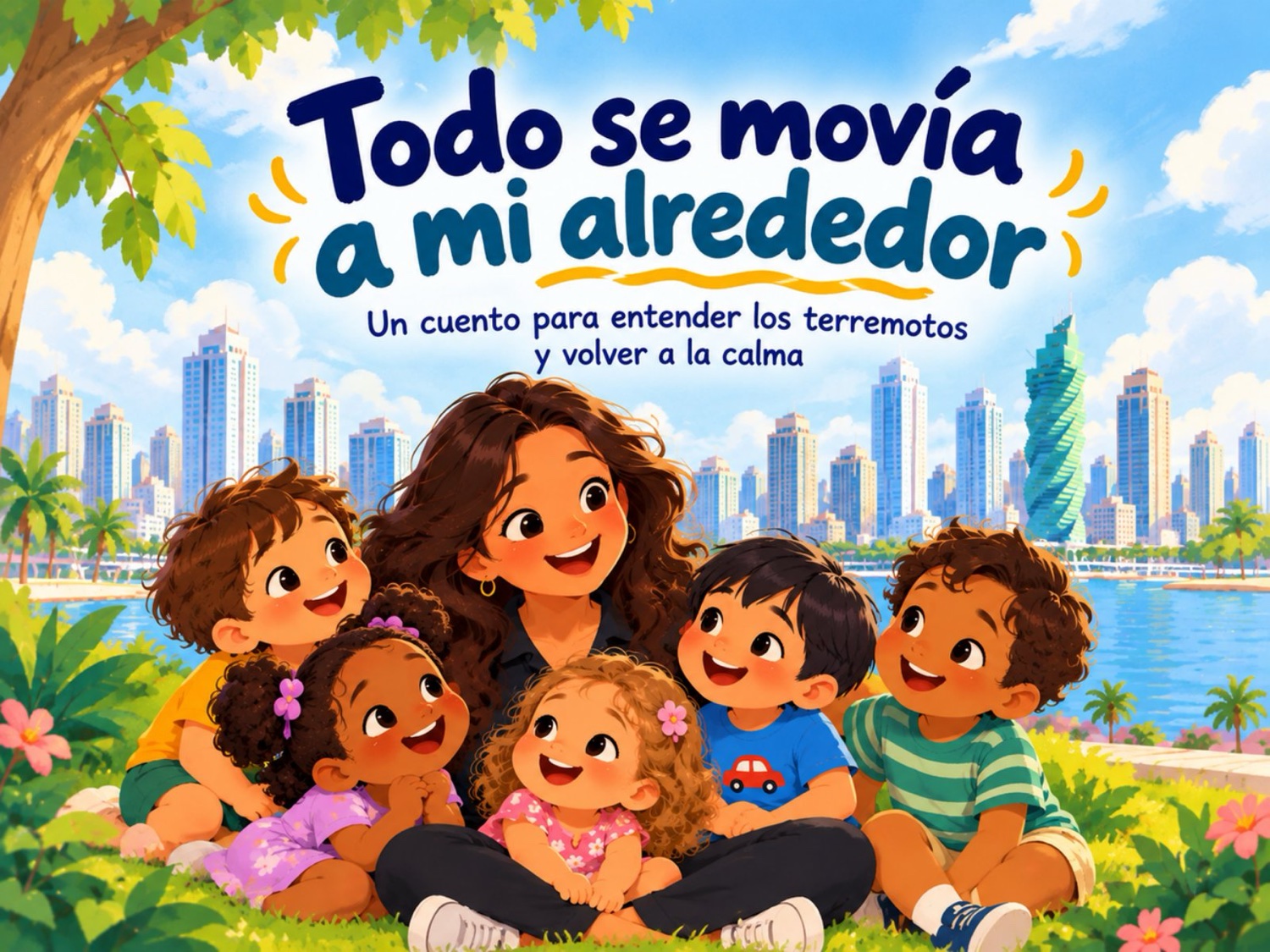 Portada del cuento “Todo se movía a mi alrededor”: una maestra y un grupo de niños sonríen sentados frente al skyline de la ciudad de Panamá.
