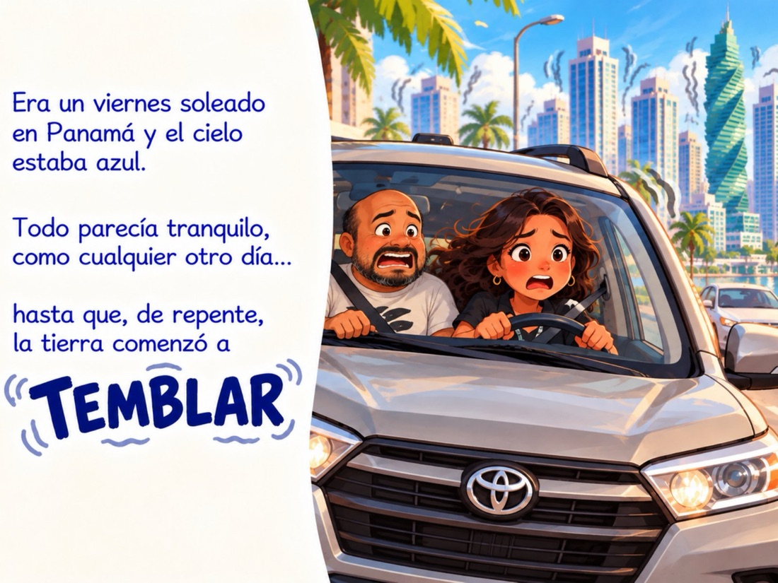 Una familia dentro del carro siente el temblor en plena ciudad de Panamá.