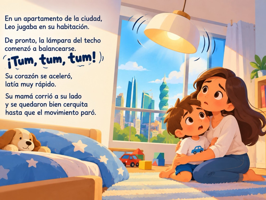 Leo y su mamá se abrazan en la habitación mientras la lámpara del techo se balancea.