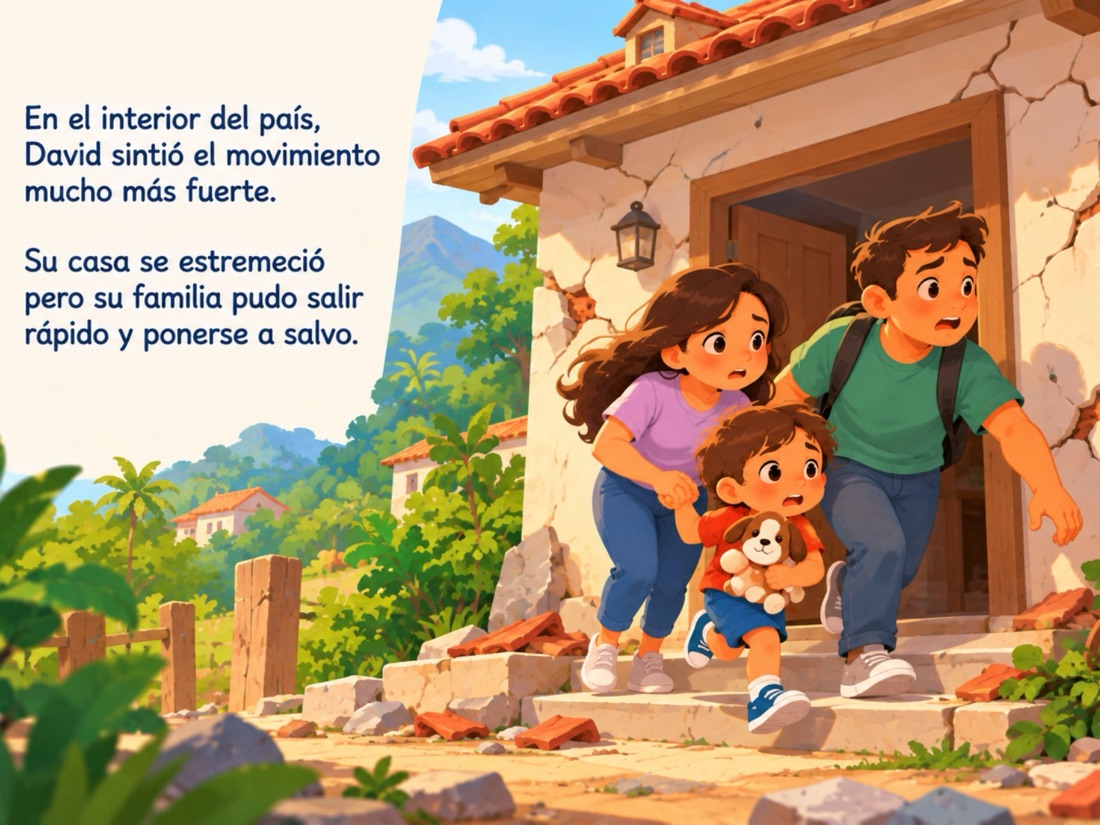 David y su familia salen rápido y a salvo de su casa en el interior del país.