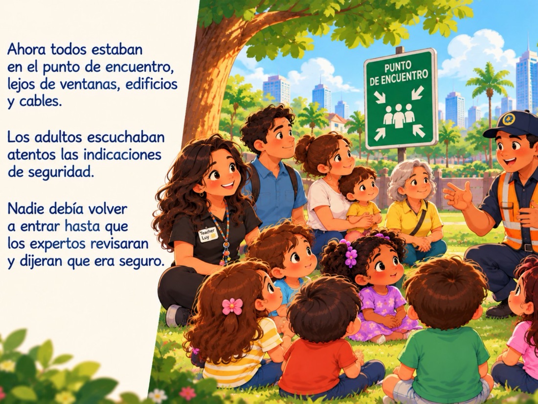 Todos se reúnen en el punto de encuentro y escuchan las indicaciones de seguridad.