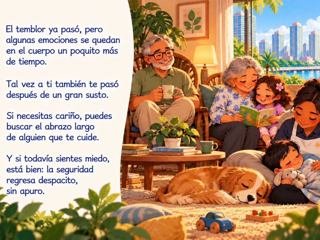Después del temblor, la familia encuentra calma, abrazos y cariño en casa.