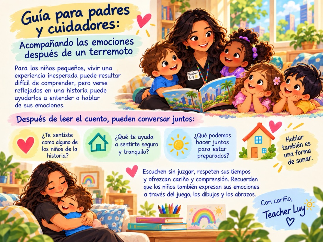 Guía para padres y cuidadores incluida en el cuento, con preguntas para conversar después de leer.